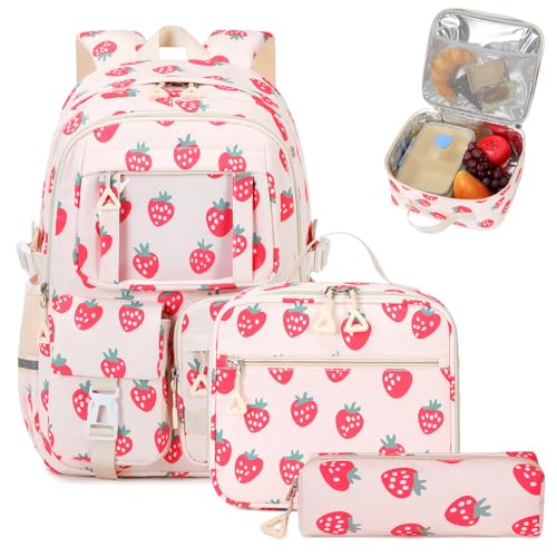 PIG PIG GIRL Backpack for Girls 3pcs Set Kids Backpack with Lunch Box Students Kawaii Book Bag for Elementary Primary Middle School Bags - Ita Backpack - Strawberry - color: Strawberry