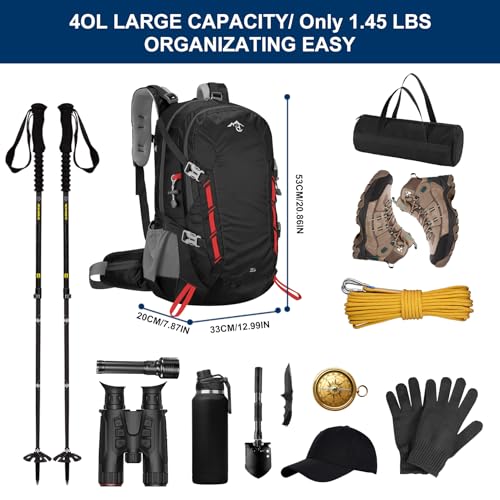 Long Keeper 40L Hiking Backpack Camping Daypack with Waterproof Rain Cover Lightweight Outdoor Sport Travel Backpack Rucksack (Black) - color: Black