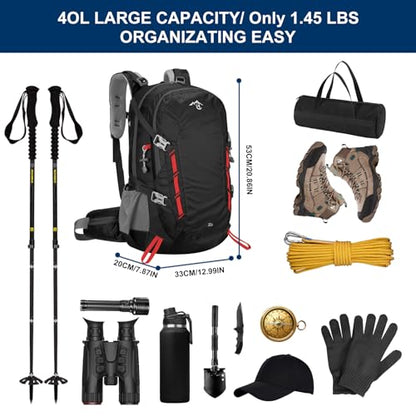 Long Keeper 40L Hiking Backpack Camping Daypack with Waterproof Rain Cover Lightweight Outdoor Sport Travel Backpack Rucksack (Black) - color: Black