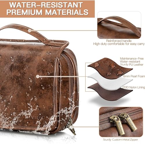Elviros Hanging Toiletry Bag Removable Travel Bag PU leather Makeup Cosmetic Organizer Kit, Dark Brown - color: Dark Brown