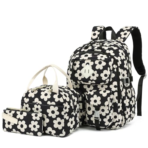 3Pcs Corduroy School Backpack for Girls, Kids Large Capacity School Bag Bookbags Set with Lunch Box and Pencil Bag (Corduroy Flowers Black) - color: Corduroy Flowers Black