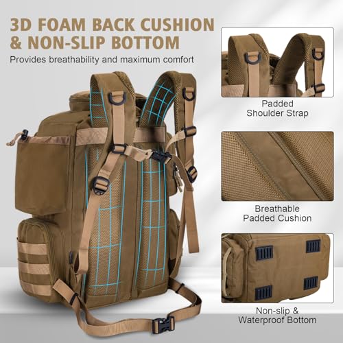 Goture Fishing Backpack,900D Water-Resistant Tackle Backpack with Rod Holders,45L Large Fishing Bag Storage Gear Tackle Bag with Rain Cover,Bottle Holder for Travel Camping Hiking(Without Tackle Box) - color: 45L Khaki with Bottle Holder