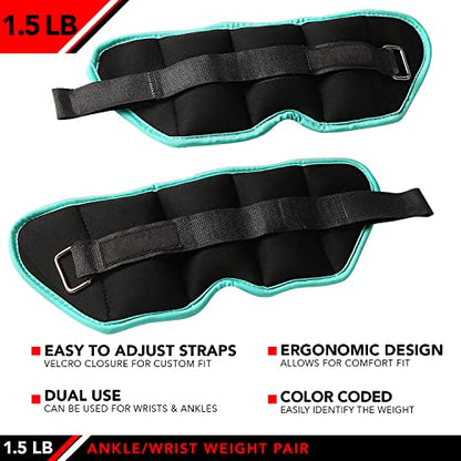 JFIT Ankle Weights - Ankle Weight Pair 10 Weight and Bundle Options - 0.5 to 8 lbs. Each (Set of 2) Adjustable Straps – Comfortable, Breathable, Moisture Absorbent Weight Straps for Men and Women - size: 1.5 lb Pair
