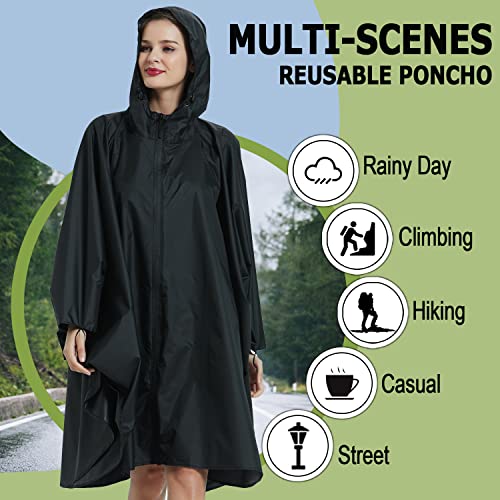 Fashion Hooded Rain Poncho Waterproof Raincoat Jacket with pocket for Women/Men/Adult - color: Black