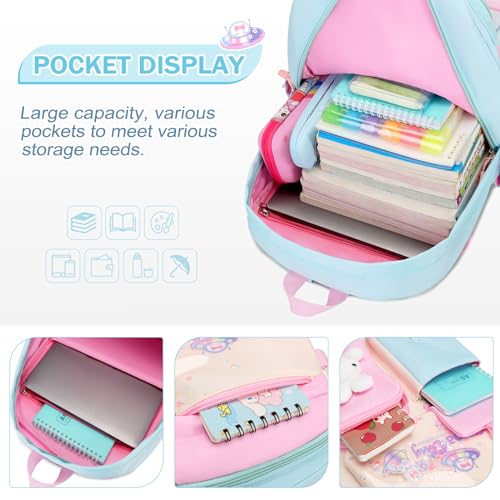 FIXITOK Girls Backpack Set, 3PCS Kids Backpack for Girls, Kawaii Bunny School Backpacks for Girl Kindergarten Elementary Preschool Middle School Bags with Lunch Box Pencil Case Aquamarine - color: Aquamarine