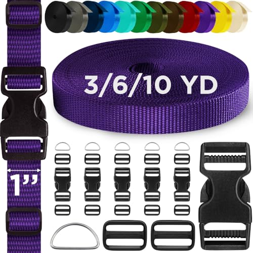 TECEUM Buckles & Strap Kit – 1" Dark Purple Nylon Webbing 6 (yd) – 6 Heavy Duty Adjustable Plastic Buckles – 12 Tri-Glide Slide Clips – 6 Metal D-Ring – Ideal Straps for Arts Crafts Outdoors DIY - color: Dark Purple, size: 1" - 6 yards, style: 6 Buckle -
