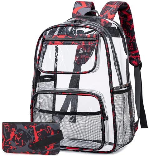 Bluboon Clear Backpack Heavy Duty Kids Boys Clear Bookbag See Through Backpacks with Pencil Case for College Work (Transparent Red) - color: Transparent Red