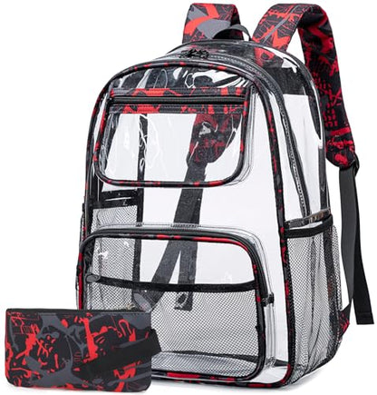 Bluboon Clear Backpack Heavy Duty Kids Boys Clear Bookbag See Through Backpacks with Pencil Case for College Work (Transparent Red) - color: Transparent Red
