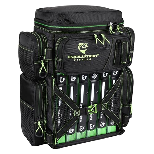 Evolution Fishing Drift Series Tackle Backpack, Outdoor Rucksack w/ 6 Fishing Tackle Trays, Heavy Duty - color: Green, size: 3600