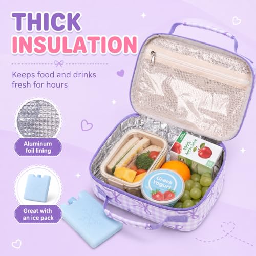 LEDAOU Lunch Box Kids Insulated Lunch Bag Girls Boys Toddler Reusable Lunchbox for School Picnic Hiking (Checkered-Purple Bow) - color: Checkered-Purple Bow