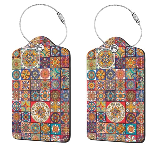 2 Pcs Luggage Tags for Suitcase, Cute Unique PU Leather Travel Bag Tag with Privacy Cover ID Label Address Card and Durable Metal Ring Suitable for Men Women Children Backpack,Bohemia - color: Bohemia