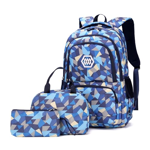 Bansusu 3Pcs Geometric Print Boys Backpack and Lunchbox Set for School Kids, Capacity School Backpack for Boys Elementary School - color: 3pcs-blue-a, size: Small-A-3Pcs