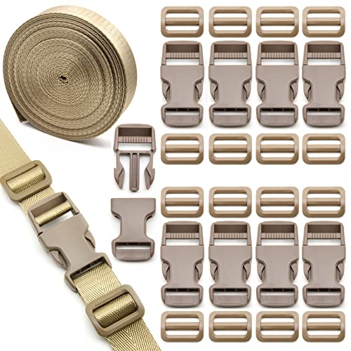 1 inch Buckles Straps Set with 10 Yards Nylon Webbing Strap,10 pcs Quick Side Release Plastic Buckle, 20 pcs Tri-glide Slide Clip for Luggage Strap, Backpack - color: Tan