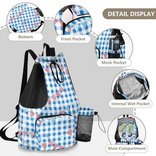 Drawstring Backpack Gym Sackpack With Water Bottle Holder Athletic Cinch Sack Waterproof Blue Gingham with Bunting