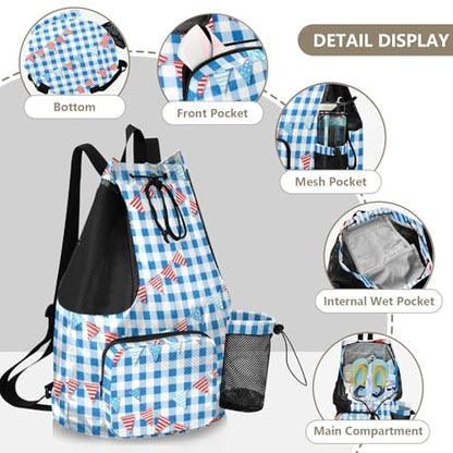 Drawstring Backpack Gym Sackpack With Water Bottle Holder Athletic Cinch Sack Waterproof Blue Gingham with Bunting
