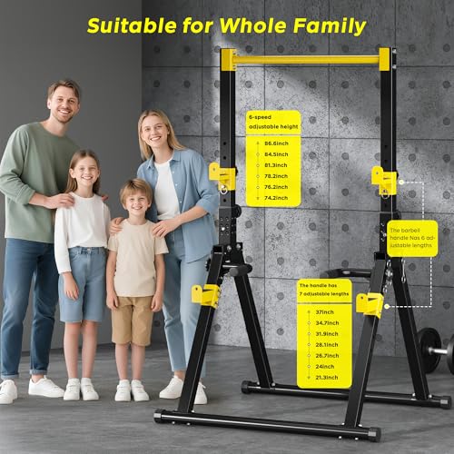 DlandHome Foldable Power Tower Pull Up Bar Dip Station, Adjustable Height Multifunction Workout Pull Up Tower Station for Home Gym, Strength Training Equipment, Triangular Legs, Up to 330lbs - color: Yellow