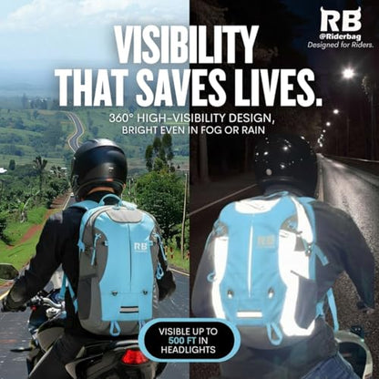 riderbag Reflective Motorcycle Backpack, Hi Viz Commuter Riding Bag | Designed by Riders for Everyday Rides with Laptop Compartment and Helmet Net. Built to Help You Be Seen. - color: Light Blue