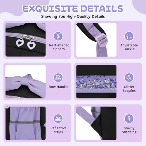 MUSEVOS Girls Backpack, Kids Backpack for Girls, School Bookbag for Teens Age 6-15, Large Capacity Water Resistant Backpack for Elementary to High School, Cute Travel Daypack, Black Purple 3pcs - color: Black Purple-3pcs