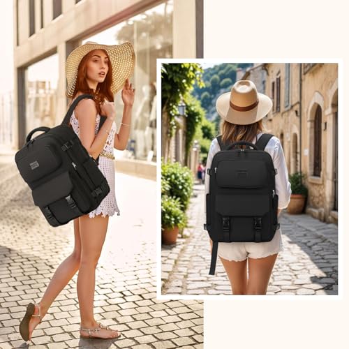 MOONBABY Travel Backpack for Women Men Carry On Flight Approved 3pcs Set Personal Item Travel Bag With Luggage Strap - color: Black-3pcs