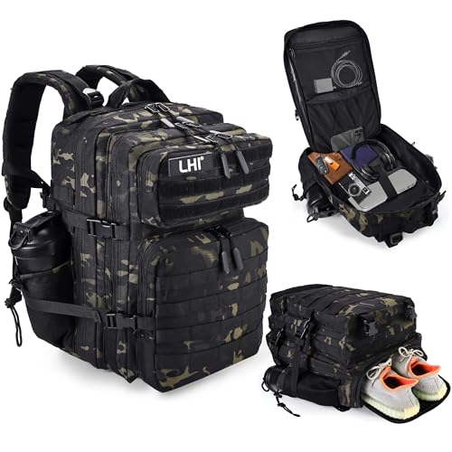 LHI Military Tactical Backpack for Men and Women 45L Army 3 Days Assault Pack Bag Large Rucksack with Shoe Compartment - Black CP - color: 1.21 Shoe Compartment（black Cp）