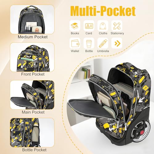 NEW TILAMI 19 Inch Rolling Backpack with Lunch Bag for Girls Boys Wheeled Laptop Backpack Durable Carry-on Bag School Travel, Doodle Yellow - color: Yellow Doodle