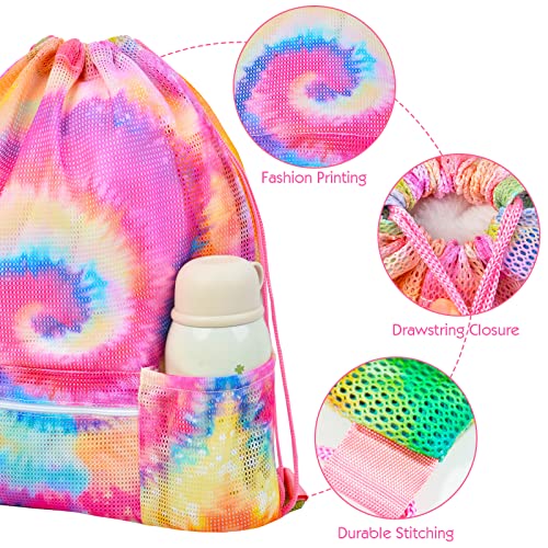 Mesh Drawstring Bag with Zipper Pocket, Beach Bag for Swimming Gear Backpack Gym Storage Bag for Adult Kids (Tie Dye) - color: Tie Dye