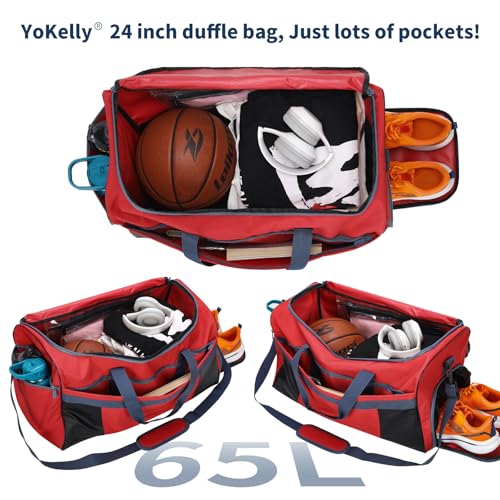 Men's 65L Gym Bag with Wet Pocket and Shoe Compartment- 24"x12.5"x13" Large Sports Duffle Bag for Gym Travel - Red - color: Red