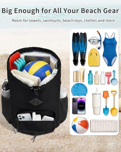 WANDF Drawstring Backpack with Removable Wet Pocket, Sandproof Beach Backpack with Bottom Compression Strap for Beach Mat, Swim Bag for Pool, Gym, Travel and Workout Gear (Black) - color: Black