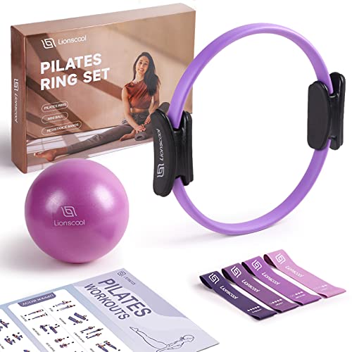 LIONSCOOL Pilates Ring Set – 14" Anti-Deformation Magic Circle with Padded Handles, Mini Ball, Resistance Bands, Guide & Bag - color: Purple