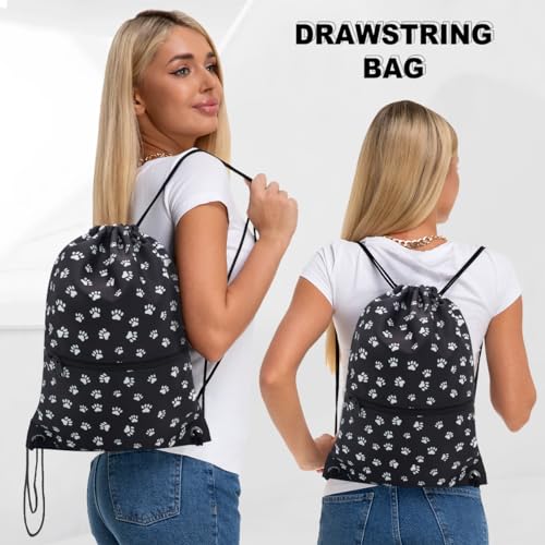 HOLYLUCK Drawstring Backpack Bag Sport Gym Sackpack - color: Black Background White Dog Paw Prin