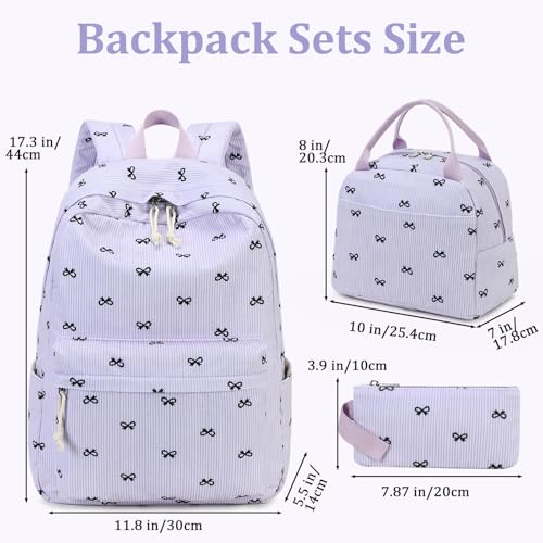 LEDAOU Kids Backpack for Girls Backpacks with Lunch Box, Lightweight Bookbag Set Elementary Middle School Back pack for 8-14 - color: Purple Bow