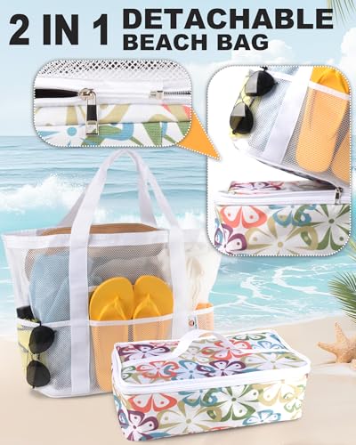 CaCTOUR Beach Bag with Cooler Compartment,Mesh Beach Bag Dry Wet Detachable with Zipper Pockets,Waterproof Sandproof Pool Bag - color: White