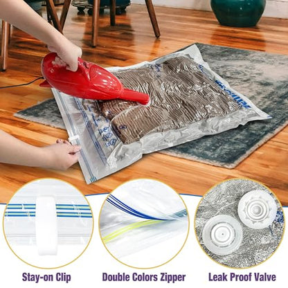 HIBAG Vacuum Storage Bags, 10-Pack Vacuum Seal Bags for Clothing Clothes, Space Saver Bags (2 Jumbo, 2 Large, 2 Medium, 2 Small, 2 Roll-up) with Pump (10-Combo) - size: 10-COMBO