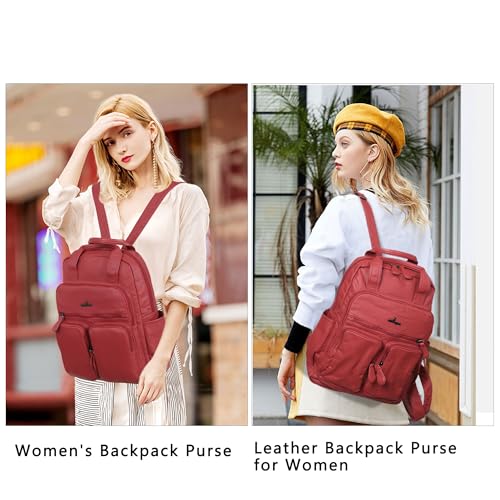 Angel Kiss Backpack Purse for Women Soft Washed Leather Multi Pocket Casual Travel Backpacks… - color: Red