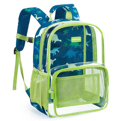 mommore Clear Backpack for Boys Kids Clear Bookbag for School Heavy Duty 15 Inch See Through Backpack Dinosaur Transparent Bag - color: Green, style: Mesh Panel Clear Backpack