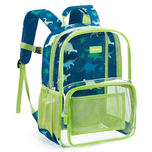 mommore Clear Backpack for Boys Kids Clear Bookbag for School Heavy Duty 15 Inch See Through Backpack Dinosaur Transparent Bag - color: Green, style: Mesh Panel Clear Backpack