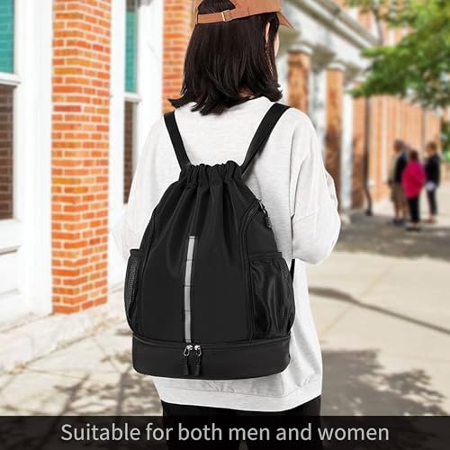 Sport Gym Bag Drawstring Backpack Beach Bag for Men Women with Shoe Compartment and Reflective Strips (Black) - color: Black