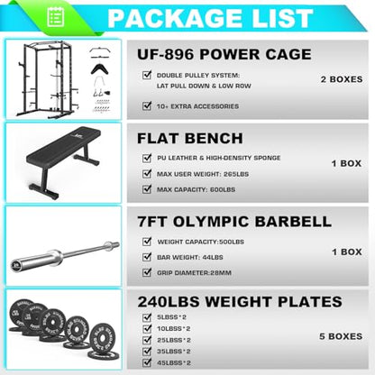 ULTRA FUEGO Power Cage, Multi-Functional Power Rack with J-Hooks, Dip Handles, Landmine Attachment and Optional Cable Pulley System for Home Gym - size: 240LB Weights Package black+Flat Bench