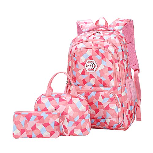 JiaYou Girl Geometric Printed Primary Junior High University School Bag Bookbag 3pcs Backpack Sets(2# Pink-3pcs,35 L) - color: 2# Pink-3pcs, size: 35 L