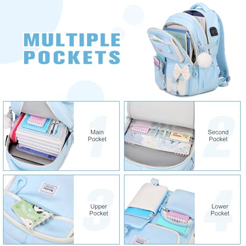 Bevalsa Backpack for Girls, Bow Bookpack with 14oz Insulated Water Bottle, Lunch Bag & Pen Case, Schoolbag for Kids & BPA-FREE Stainless Steel Metal Cup for Elementary Middle Student (Blue) - color: Blue