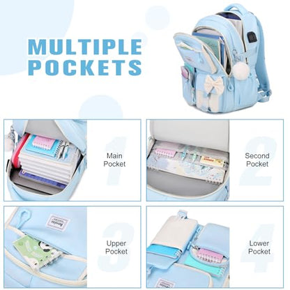 Bevalsa Backpack for Girls, Bow Bookpack with 14oz Insulated Water Bottle, Lunch Bag & Pen Case, Schoolbag for Kids & BPA-FREE Stainless Steel Metal Cup for Elementary Middle Student (Blue) - color: Blue