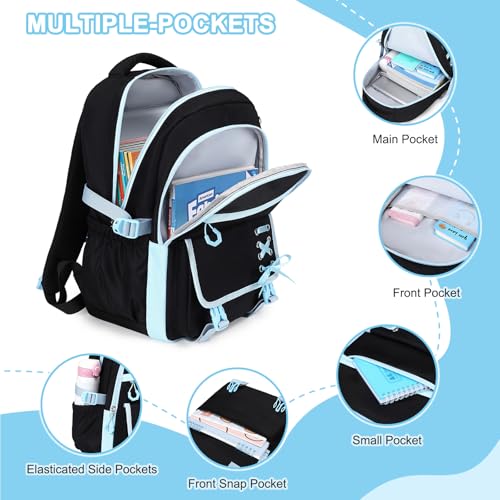 Scothen 3PCS Girls Backpack for School, Kids Backpack for Girls with Lunch Bag Pencil Case, Kids Bookbag Teen Backpacks for Elementary Middle High School - color: Black-blue