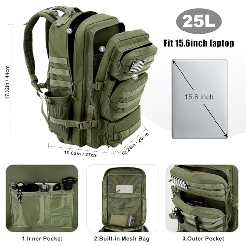 Military Tactical Backpack 25L Day Backpack for Men Molle Army 3 Days Assault Pack Bug Out Bag Water Resistant and Heavy Duty Hiking Treeking Rucksack - Dark Green - color: Dark Green, size: 25L