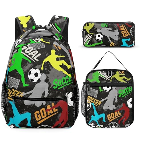 Soccer Theme Backpack Set for Kids,School Bookbag with Lunch Box and Pencil Pouch Bag(Soccer-2) - color: Soccer-2