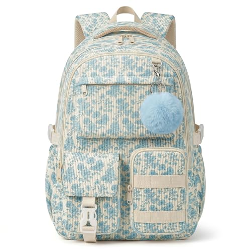 Corduroy Backpack for Teen Girls, Aesthetic Cute Blue Floral School Backpack with Multi-Pocket, Lightweight Bookbag Fits 15.6 Inch Laptop, Large Capacity Casual Daypack for School Travel - color: Blue Floral