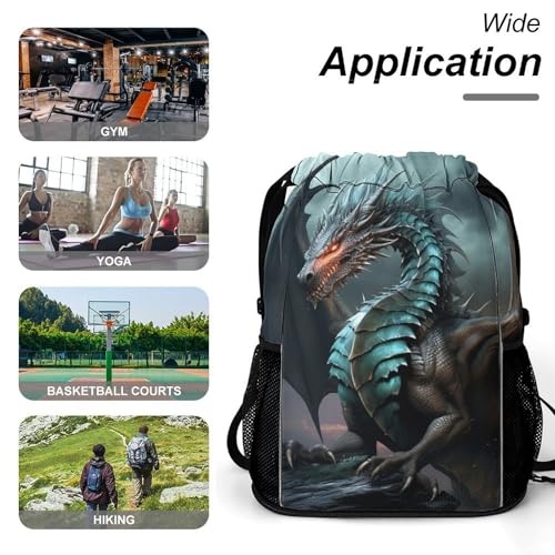 Drawstring Gym Backpack with Shoe Compartment And Wet Pocket, 28L Lightweight Waterproof Cool Dragon Sports Backpack for Workout Swim Beach Travel String Bag for Men Women