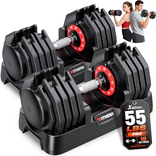 XDDIAS Adjustable Dumbbells Set of 2 for Strength Training, One-Hand Quick Adjust, 25/55/80/90 lbs Options, Anti-Slip Grip Handle, Compact Home Gym Weights for Men Women - color: Pro Steel 10-Level 55LB Pair