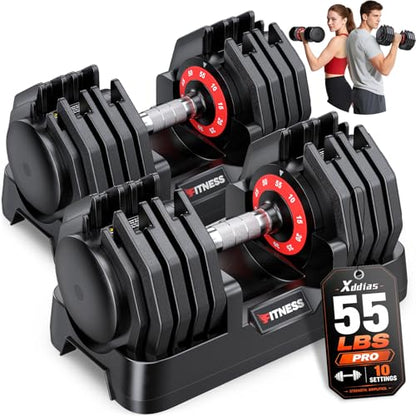 XDDIAS Adjustable Dumbbells Set of 2 for Strength Training, One-Hand Quick Adjust, 25/55/80/90 lbs Options, Anti-Slip Grip Handle, Compact Home Gym Weights for Men Women - color: Pro Steel 10-Level 55LB Pair