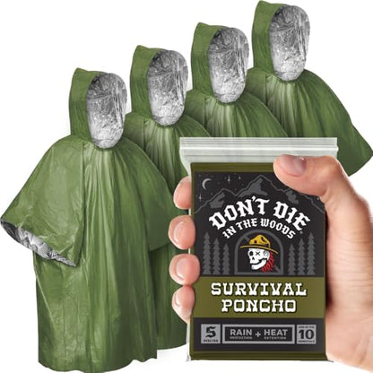 Don't Die In The Woods - Rain + Heat Emergency Poncho - Wearable Mylar Space Blanket For Hiking, Camping, First Aid, Survival - color: 4pk Refill - Grave Robber Green