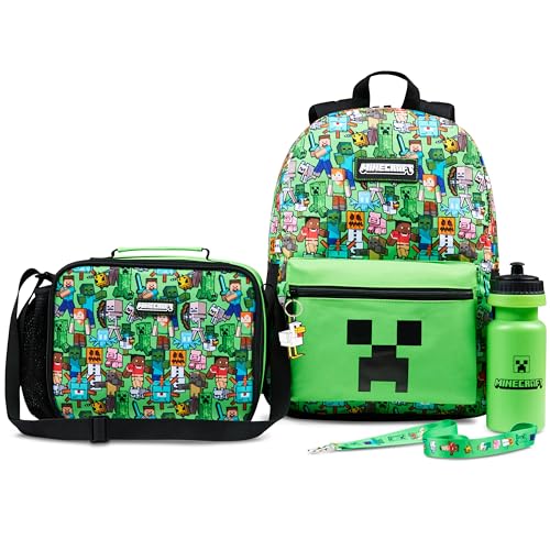 Minecraft Boys Backpack 5 Pc Gift Set, Creeper School Bookbag, Lunch Bag, Water Bottle, Keychain and Lanyard (Green AOP) - color: Green AOP